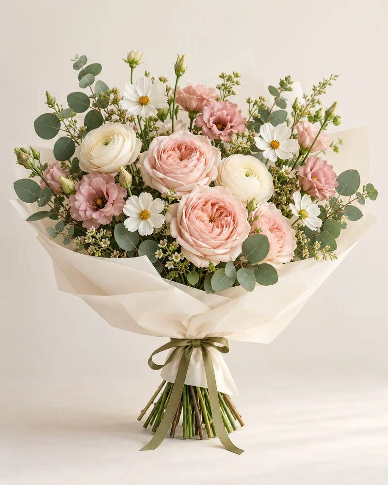 A Little Blush — full bouquet with seasonal flowers and ivory wrapping