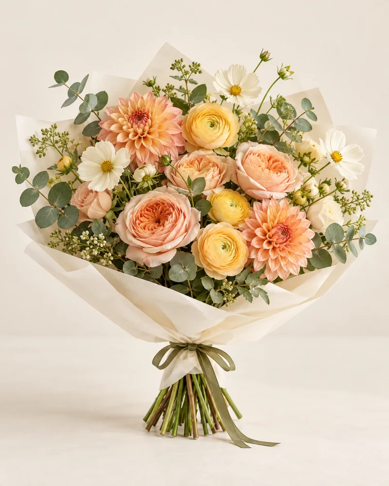 Golden Hour — complete hand-tied bouquet in ivory wrapping