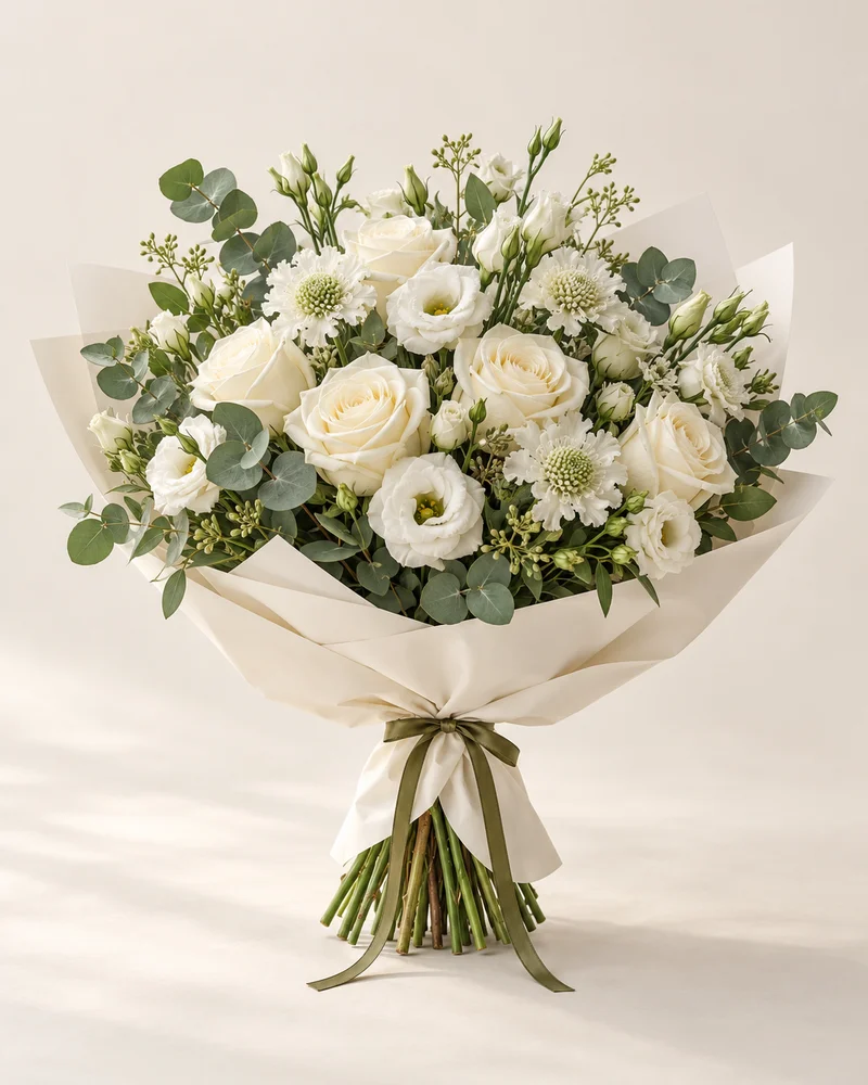 Quiet Kindness — complete hand-tied bouquet in ivory wrapping