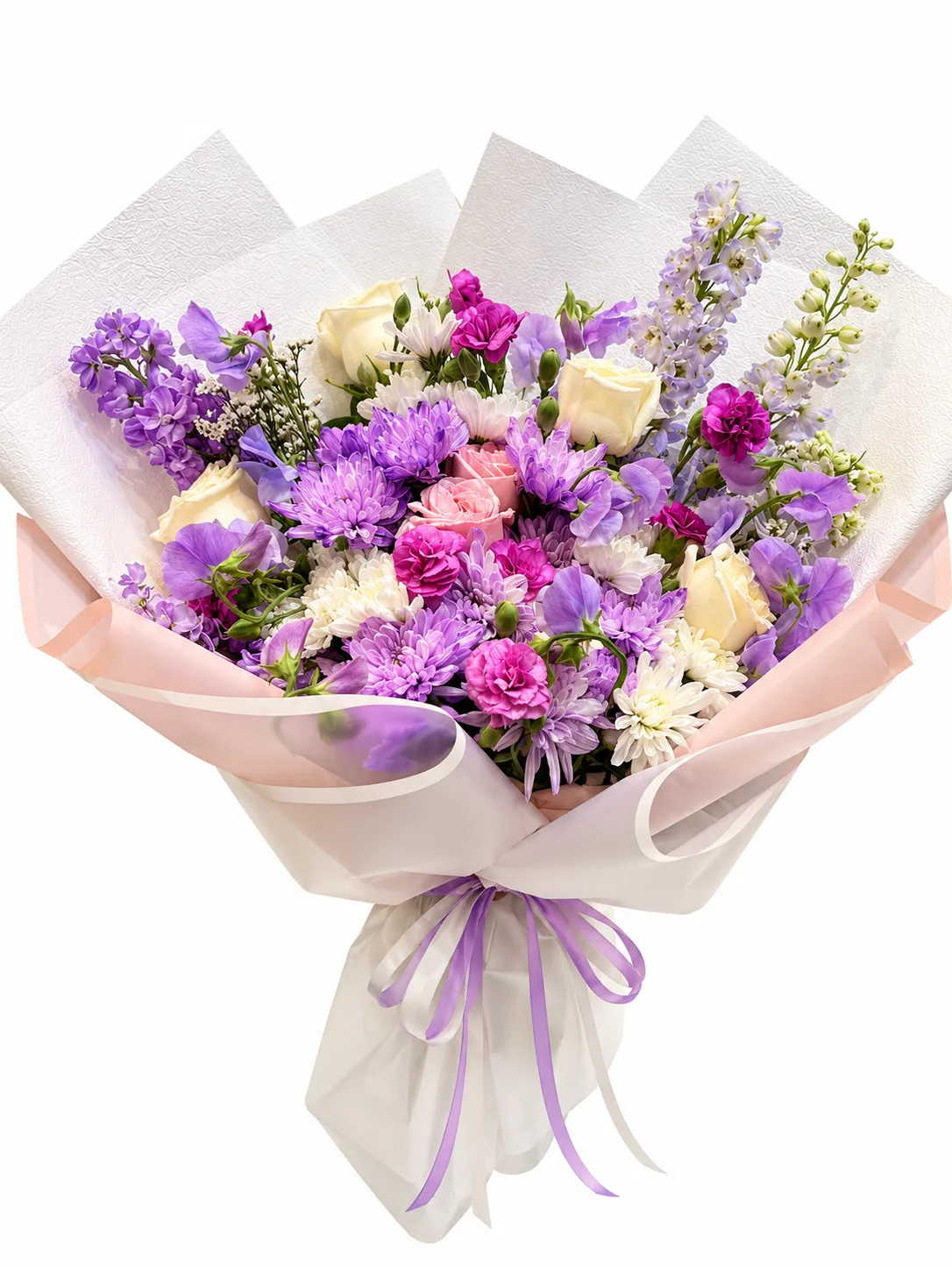 Flower bouquet — Bó hoa tím hồng gói ruy băng pastel